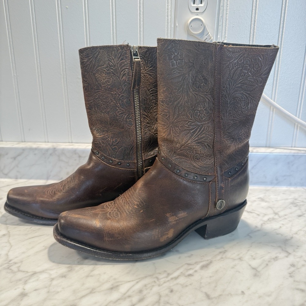 Women's 9 B Sonora Bailey Brown Tooled Leather Western Cowboy Boots Square Toe
